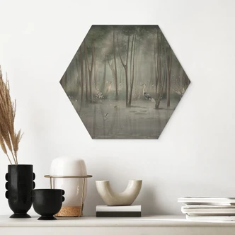 Hexagon Holzbild Nebelwald am See mit Reiher in Grün - Ms Tiff 