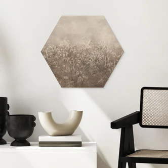 Houten Wanddecoratie zeshoekig pampagras en grassen in beige - Ms Tiff 