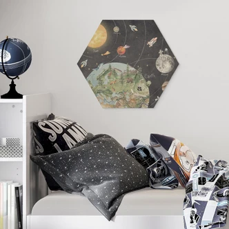 Hexagon-Holzbild Sonnensystem mit Planeten und Erde - Ms Tiff 
