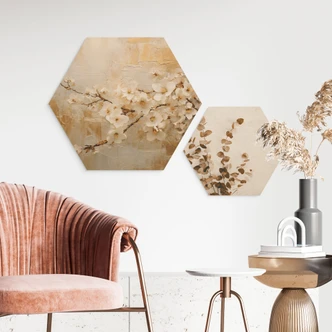Hexagon Wood Branch flowers on vintage gold - Paksoylu 