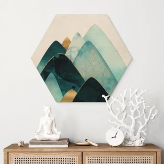 Hexagon-Holzbild Abstrakte Berge in Gold und Blau - SpaceFrog Designs Hexagon-Holzbild Abstrakte Berge in Gold und Blau - SpaceFrog Designs