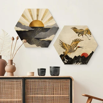 Hexagon Holzbild SpaceFrog Designs - Goldene Kraniche Hexagon Holzbild SpaceFrog Designs - Goldene Kraniche