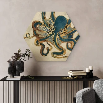 Hexagon Holzbild SpaceFrog Designs - Goldener Oktopus Hexagon Holzbild SpaceFrog Designs - Goldener Oktopus