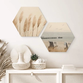 Hexagon Holzbild Strand mit Meerblick 
