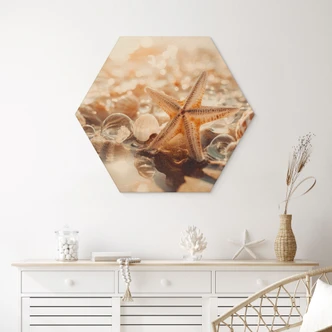 Tableau sur bois hexagonal coquillages sur une plage ensoleillée - Treechild 