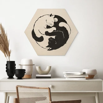 Hexagon Holzbild Katzen Ying & Yang - Tunaboylu 