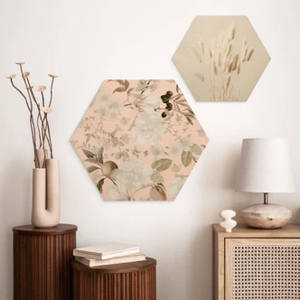 Hexagone - Bois Illustration boho avec des fleurs et des fruits - UN Designs 