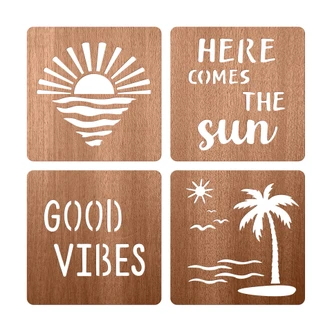 3D Holz-Deko Sonne, Strand und Palmen (4er-Set) - Mahagoni 