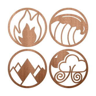 Houten Wanddecoratie Mahoniefineer de Vier Elementen (Vuur, Water, Aarde, Lucht) 4-delig 