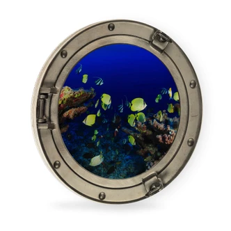 Cuadro de madera 3D-ojo de buey - Colorido mundo submarino - pez amarillo neón - Redondo 