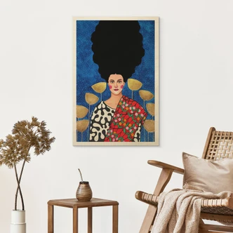 Tableau sur bois Femme dans un champ avec des feuilles d'or - Hülya 