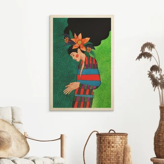 Tableau sur bois Femme en robe à rayures avec fleurs orange - Hülya 