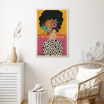 Tableau sur bois Femme à la couronne de fleurs multicolores - Hülya 