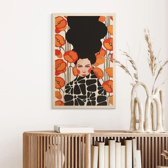 Houten Wanddecoratie vrouw met retro klaproos bloemen - Hülya 