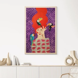Houten Wanddecoratie vrouw met toekan trio - Hülya 
