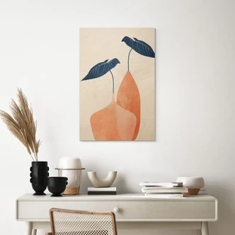 Træplakat Monstera-blade i to abrikosfarvede vaser - Kubistika Træplakat Monstera-blade i to abrikosfarvede vaser - Kubistika