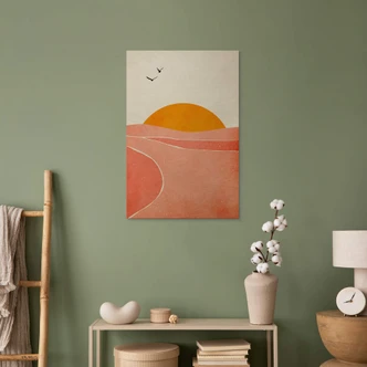 Træplakat Solopgang i landskabet rundt - Kubistika 