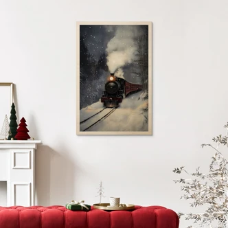 Holzbild Dampflok im verschneiten Wald - Melloi Art Prints 