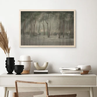 Cuadro de madera bosque nuboso junto a un lago con garza en verde - Ms Tiff 