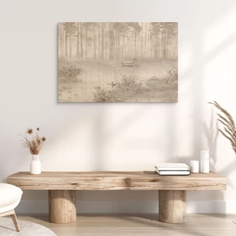 Houten Wanddecoratie bos bij het meer in beige mist - Ms Tiff 