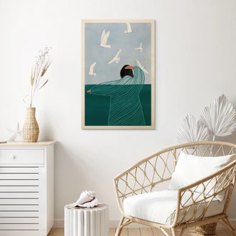 Holzbild Frau mit Möwen am Meer - Müller 