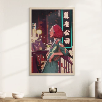 Houten Wanddecoratie Meisje op een balkon in Japan - Oliveira 
