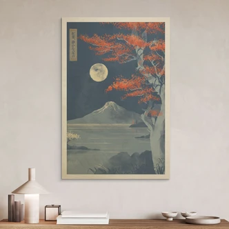 Holzbild Vollmond über dem Gipfel des Fuji-san - Roze 