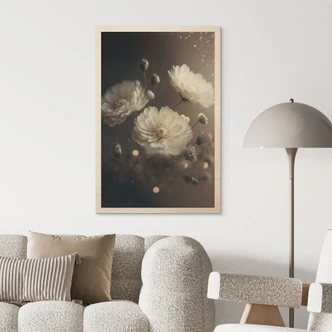 Holzbild Weiße Blumen mit Goldstaub - Treechild 