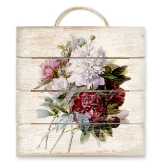 Holzbild Redouté - Strauss von roten, lila und weißen Pfingstrosen - 40x41,5 cm 