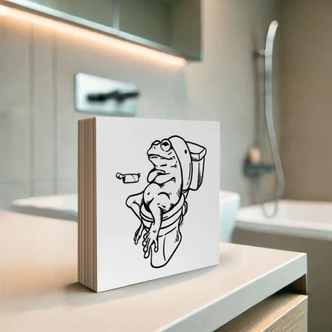 Houten Decoratieblok Wachten op het toilet - Humoristische kikkerillustratie - Royle 