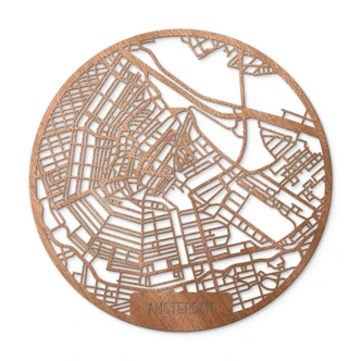 Houten Wanddecoratie Mahoniefineer Kaart van Amsterdam 