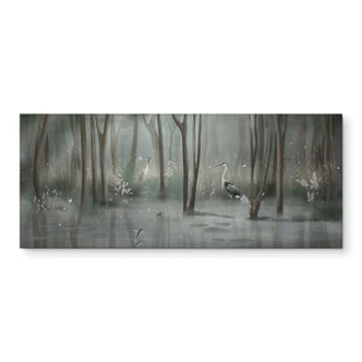 Stænkplade til køkken Cloud Forest by the Lake med fiskehejre i grønt - Ms Tiff 