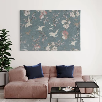 Canvas schilderij Kraanvogels in Kersenbloesem Rush Blauw - Bloomery Decor 