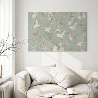 Leinwandbild Kraniche im Kirschblüten-Rausch Grün - Bloomery Decor Leinwandbild Kraniche im Kirschblüten-Rausch Grün - Bloomery Decor