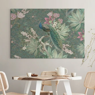 Canvastavla påfågel i tropisk trädgård på mosaik - Bloomery Decor 