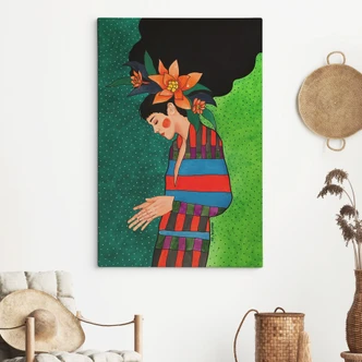 Lienzo Mujer con vestido a rayas y flores naranjas - Hülya 