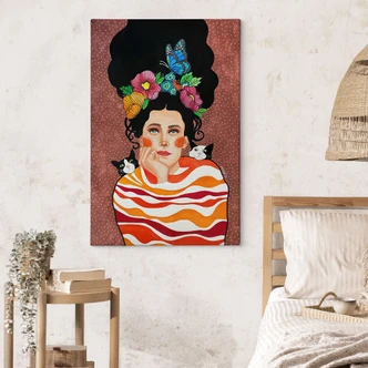 Lienzo mujer con corona de flores y gatos - Hülya 