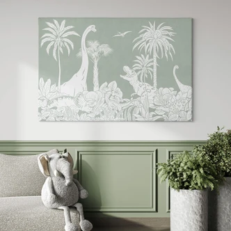 Canvas print Green primeval worlds - Dinosaurs under palm trees - Kikki Belle 