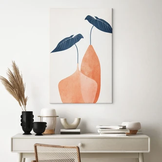 Canvas  Monstera-blade i to abrikosfarvede vaser - Kubistika 