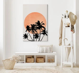 Canvas Palmer foran den orange sol - Kubistika 