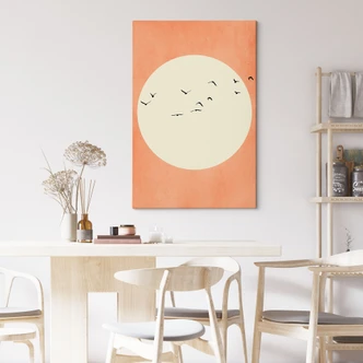 Canvas Sværm af fugle foran den varme sol - Kubistika 