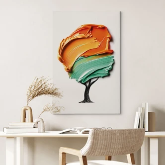 Canvas schilderij boom met oranje en groene 3D kroon - Mielu Canvas schilderij boom met oranje en groene 3D kroon - Mielu