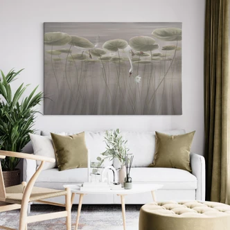 Canvas schilderij lotusbloemen met zwaan in water in grijs - Ms Tiff 