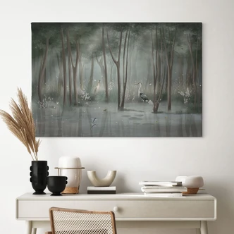 Canvas schilderij Wolkenbos aan het meer met reiger in het groen - Ms Tiff 