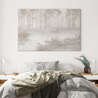 Canvas schilderij bos bij het meer in beige mist - Ms Tiff 