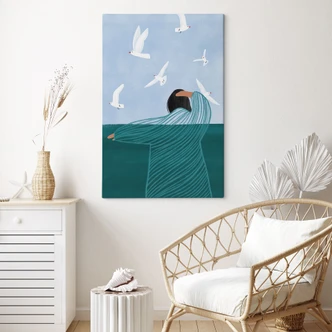 Leinwandbild Frau mit Möwen am Meer - Müller 