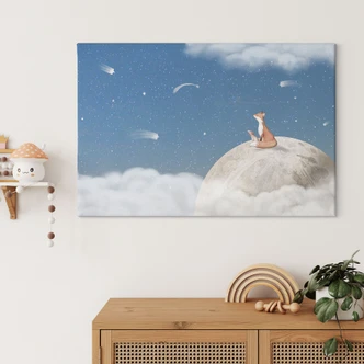 Tableau sur toile Renard sur la lune avec des étoiles filantes - Oliver Robins 