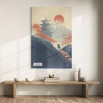 Leinwandbild Sonnenaufgang über der Pagode | Japanische Landschaft - Roze 