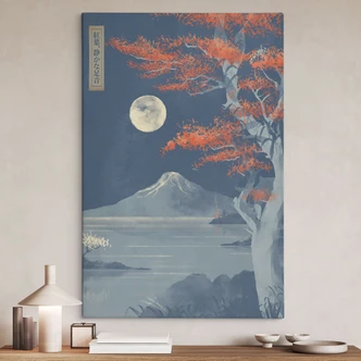 Leinwandbild Vollmond über dem Gipfel des Fuji-san | Vintage Kunst - Roze 