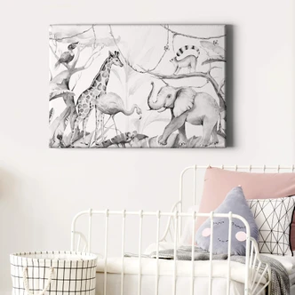 Obraz na płótnie Kvilis - Przyjaciele zwierząt w dżungli - czarno-biały 